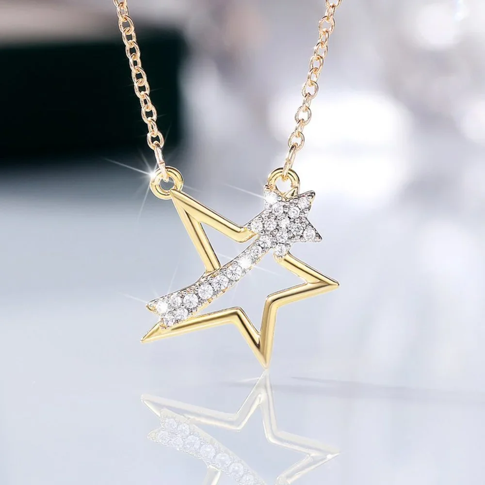 ⚡Crystal Clear Micro Pave Hollow 14K Gold Plated Star Pendant Necklace,MARR9009 - Picture 1 of 4
